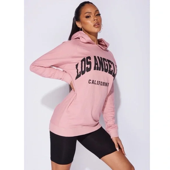 Pink Los Angeles Print Long Sleeve Oversized Hoodie Hooded Sweatshirt Top - Picture 7 of 8